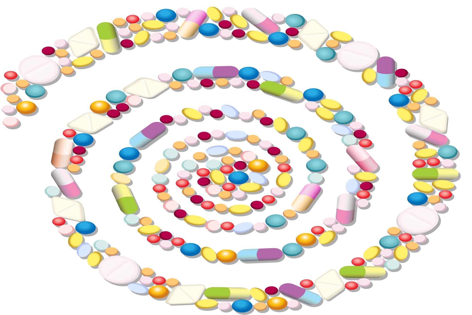 Pills organized in a spiral shape