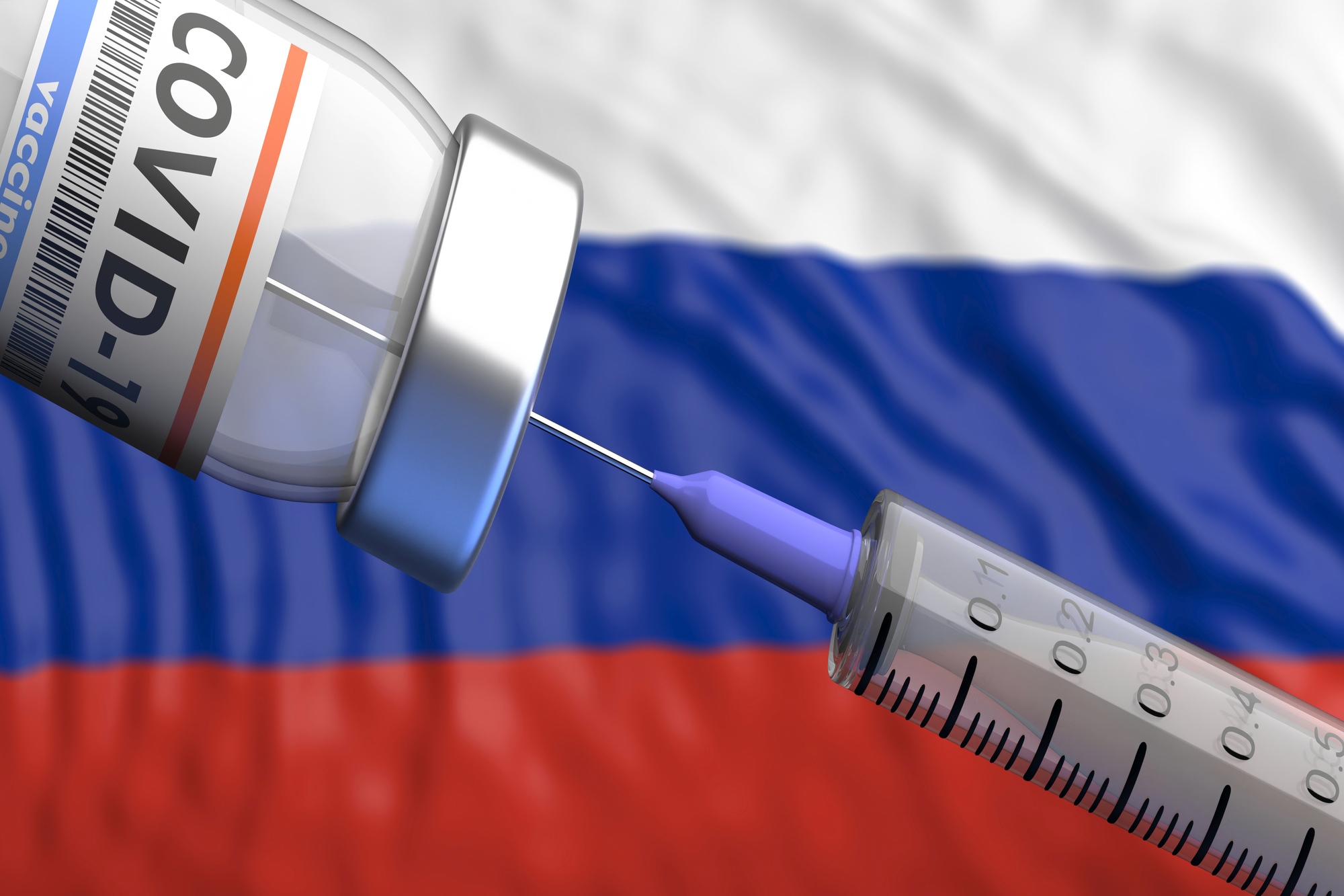 Sputnik V, Russian Coronavirus vaccine with Russian flag in the background