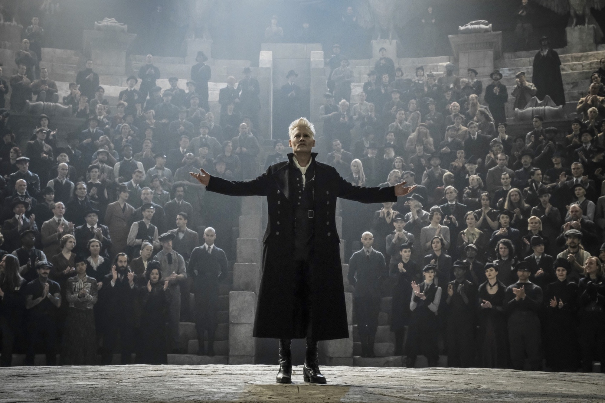 Grindelwald speech from Harry Potter in front of crowd of people