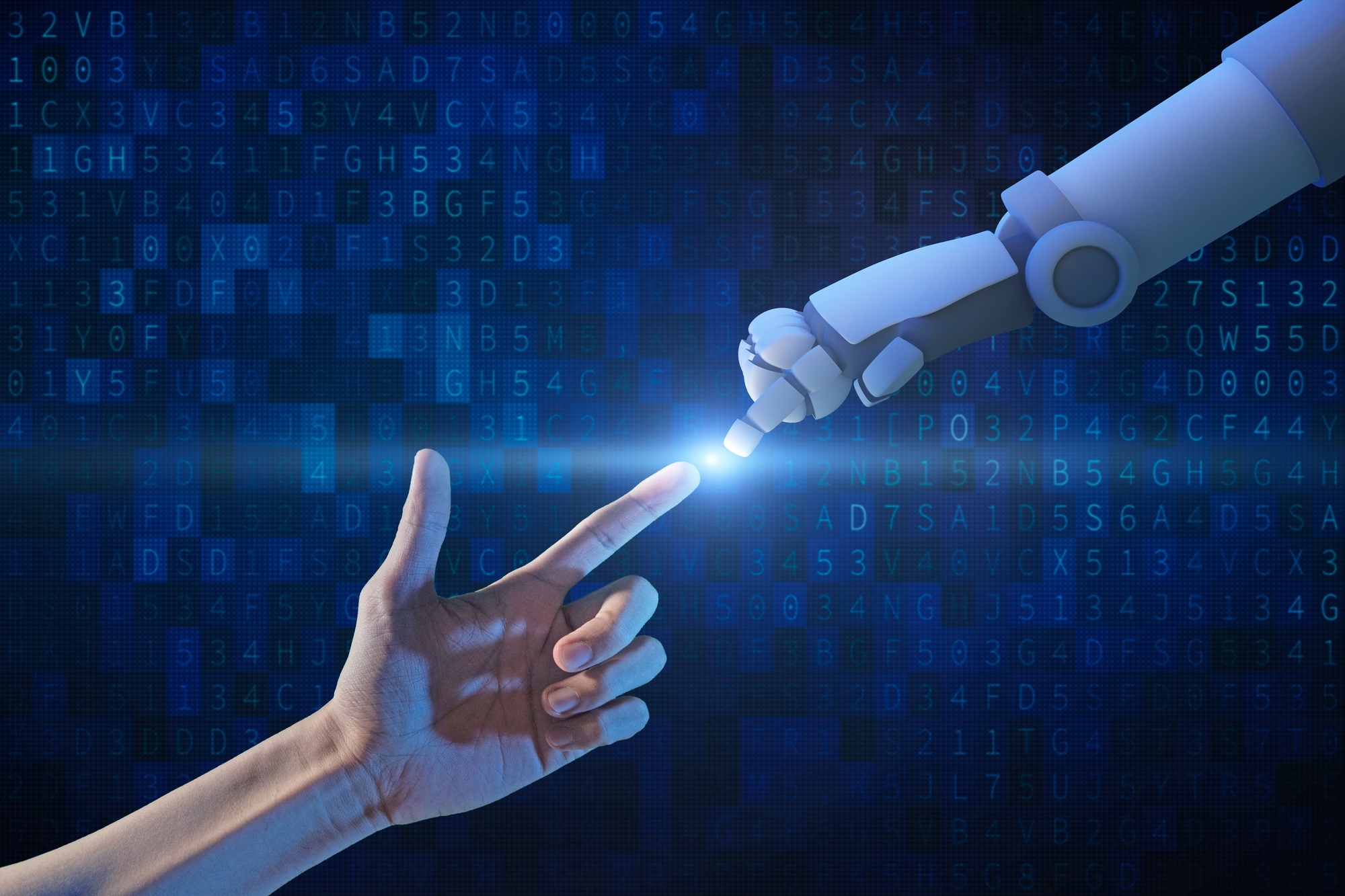Human hand and robot hand with binary number code and light on blue screen background, artificial intelligence, AI, in futuristic digital technology concept, 3d illustration