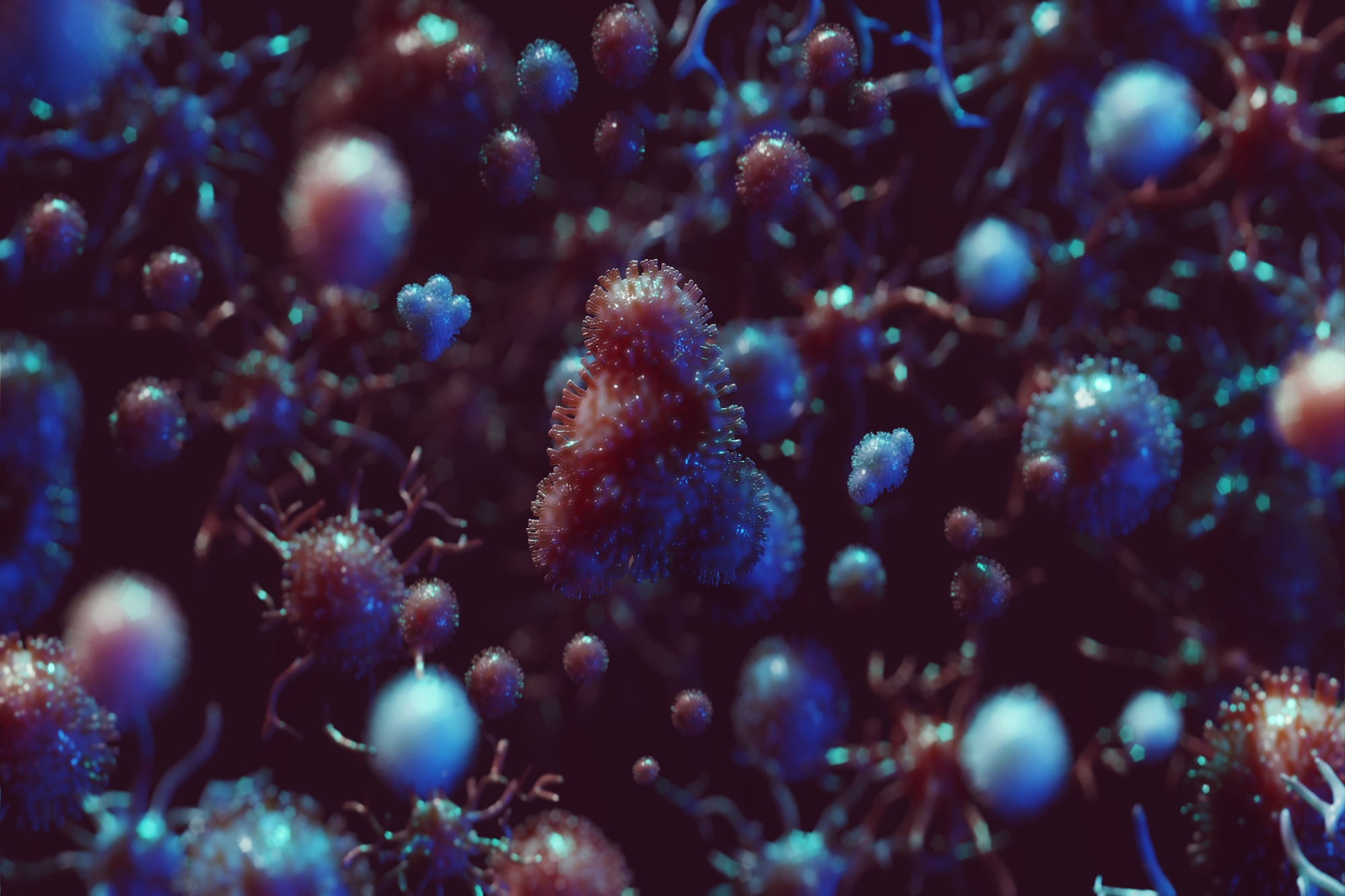 Viruses, coronavirus or bacteria cell in close up. 3D render of global crisis patogen